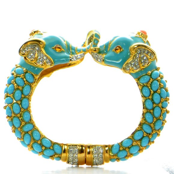 Kenneth Jay Lane KJL Blue Cabochon Crystal Elephant Cuff Bracelet